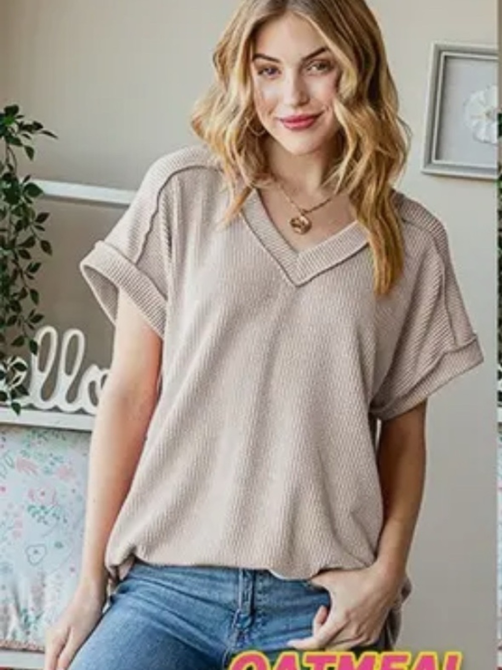 HEIMISH USA Oatmeal V-Neck Waffle Knit Short Sleeve Top